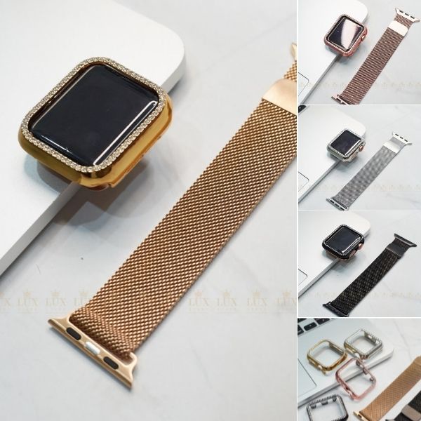 Combo dây thép milan và ốp đính đá cho Apple Watch đồng hồ thông minh iWatch Series 1/2/3/4/5/6/SE size 38/40/42/44mm