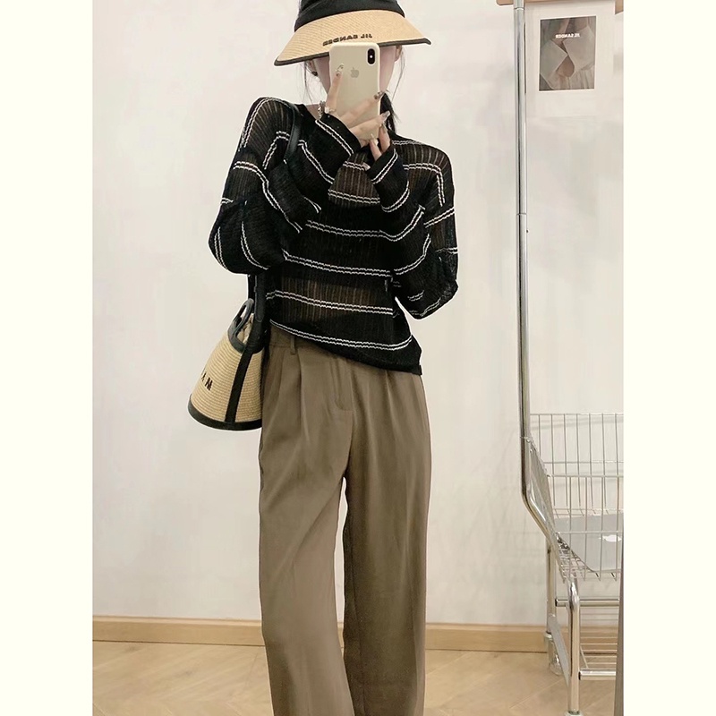 Áo len ZHELIHANGFEI tay dài dáng rộng họa tiết kẻ sọc trắng đen dễ phối đồ thời trang