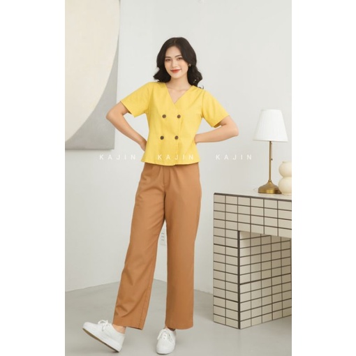 Áo linen bột 4 nút gỗ, vạt xéo.