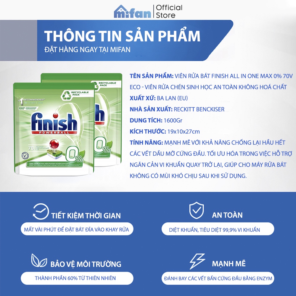 Viên Rửa Bát Finish Eco 0% 70 viên - An Toàn Không Hoá Chất - Mifan