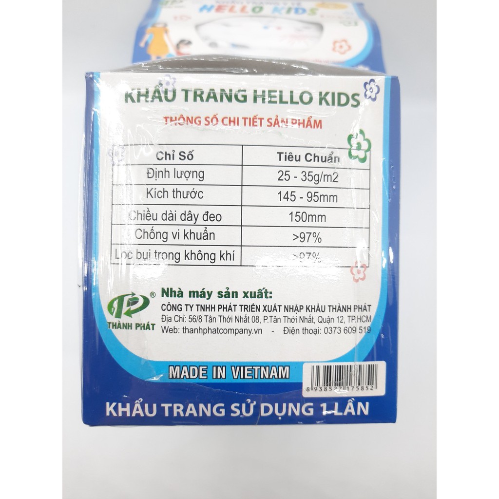 khẩu trang trẻm em cho bé từ 6-12 tuổi (3 lớp, hộp 50 cái, scan mã vạch, hộp có seal)