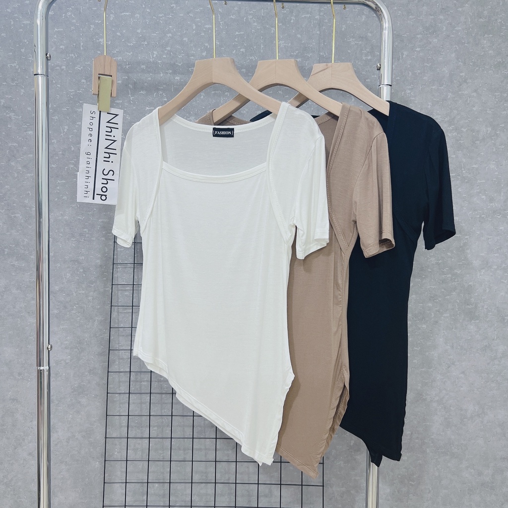 Áo thun nữ dáng ôm cổ vuông vạt lệch nhọn, Áo kiểu thun dẻo co giãn AT12 - NhiNhi Shop
