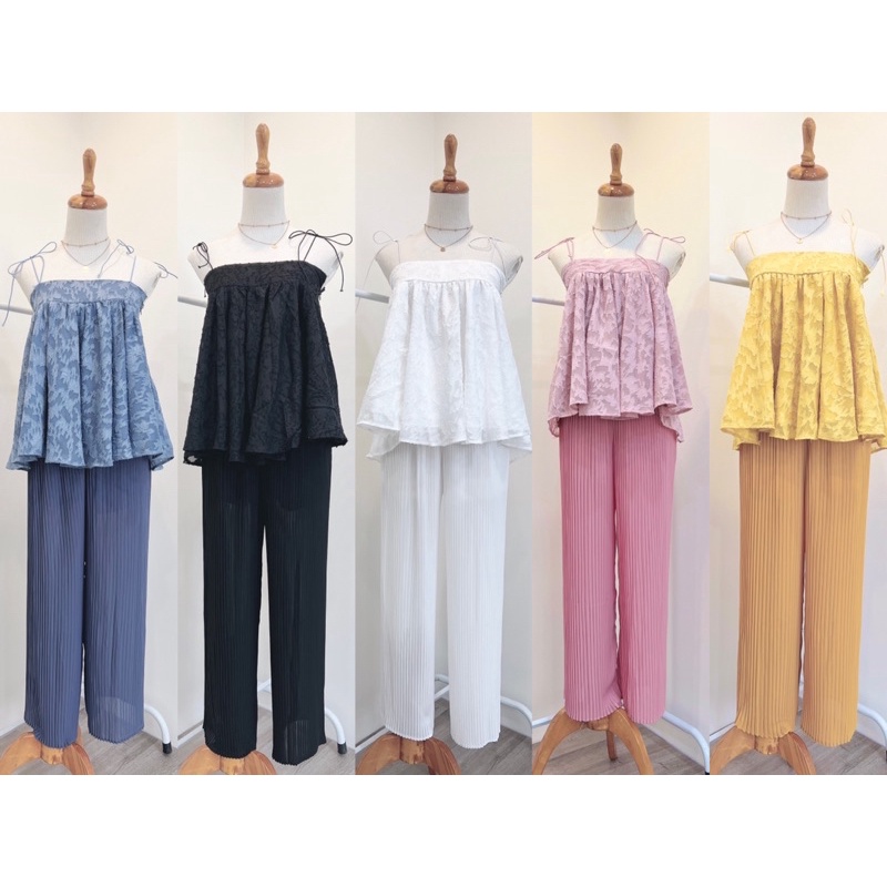 SET ÁO GẤM HOA CỘT NƠ VAI + QUẦN SUÔNG DÀI DẬP LI - HÌNH CHỤP THẬT