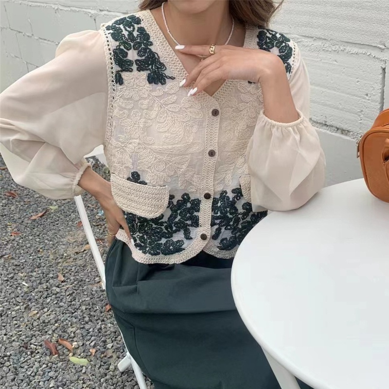 Áo Khoác Cardigan Vải Chiffon Cổ V Tay Phồng Thêu Hoa Phối Nút Màu Sắc Tương Phản Thời Trang Mùa Thu Cho Nữ