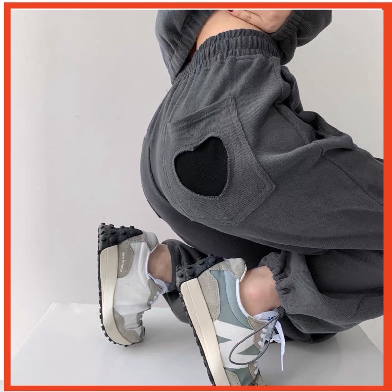 Quần Bom chun Nữ Ống Rộng bo gấu trái tim,Quần thể thao jogger nữ unisex