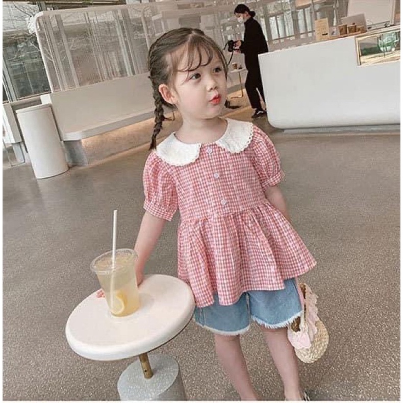 Xả Set áo kẻ quần phối ren bé gái
