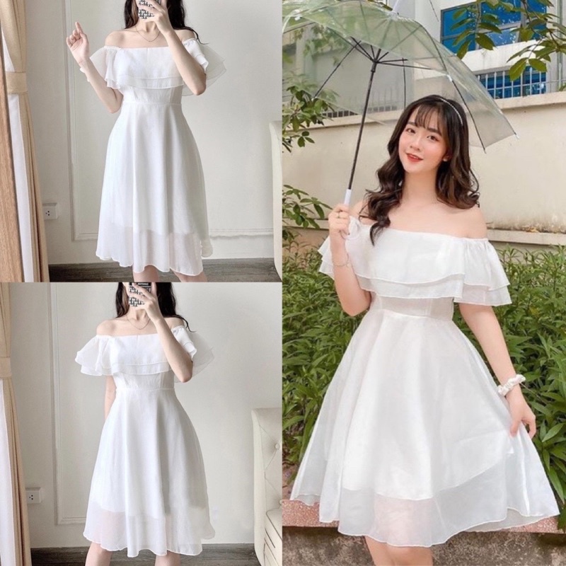 Váy voan trễ vai 2 lớp dáng xoè VH49, Đầm nữ tiểu thư đự tiệc hở vai sang chảnh dễ thương kiểu dáng hàn quốc