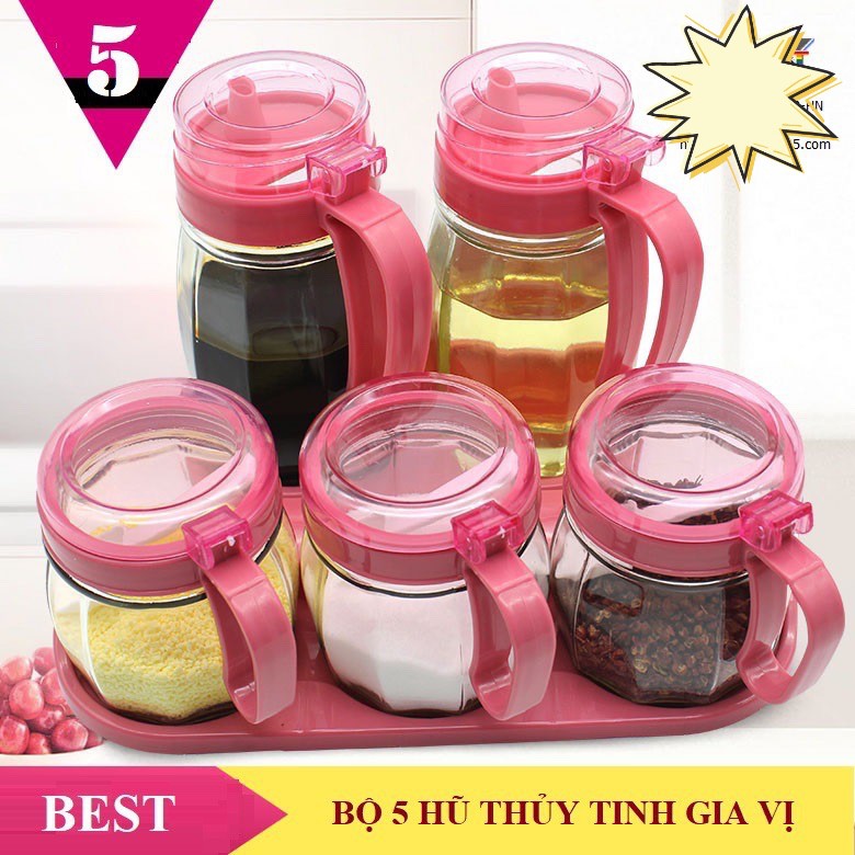  Bộ 5 Hũ Thuỷ Tinh Đựng Gia Vị, Bộ Gia Vị