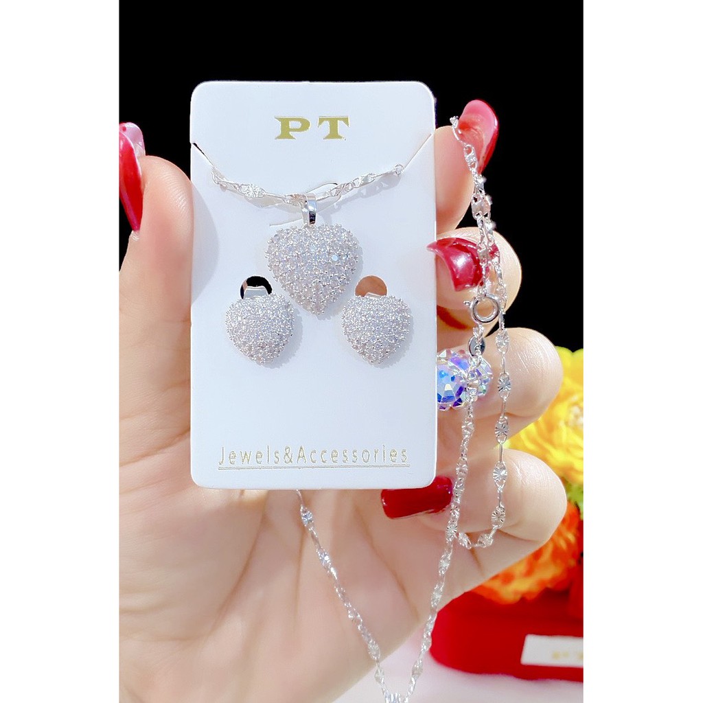 Combo dây chuyền bông tai trái tim mạ bạch kim P130