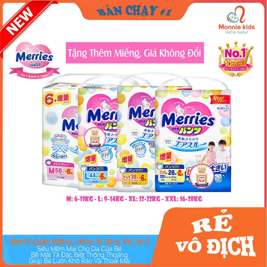 Bỉm Merries ♥️ FREESHIP ♥️ Bỉm Quần Nội Địa Nhật Cộng Miếng M58+6/L44+6/XL38+6/XXL26+2