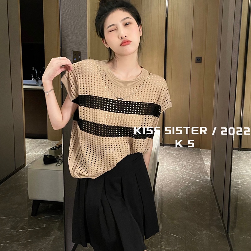 Áo Dệt Kim Sát Nách Cổ Tròn Dáng Rộng Họa Tiết Kẻ Sọc Thời Trang Mùa Hè Phong Cách Hàn Quốc Cho Nữ
