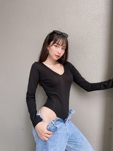 Bodysuit jumsuit tay dài cổ tim sexy thun cotton đứng form Áo liền quần đồ bơi | BigBuy360 - bigbuy360.vn