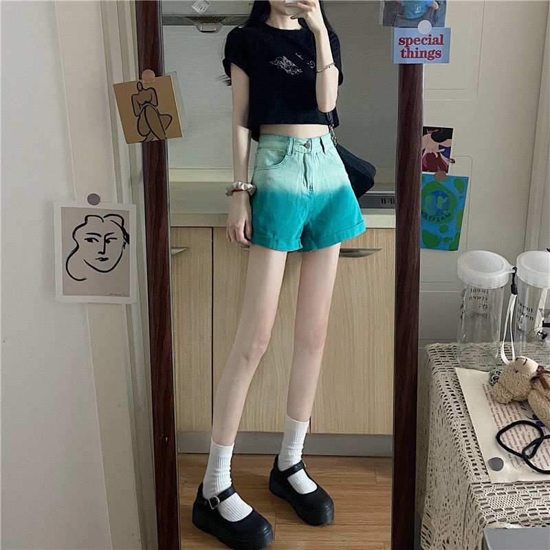 Jiashucheng Quần Short Denim Màu Gradient Lưng Cao Ống Rộng Thời Trang Mùa Hè Cho Nữ