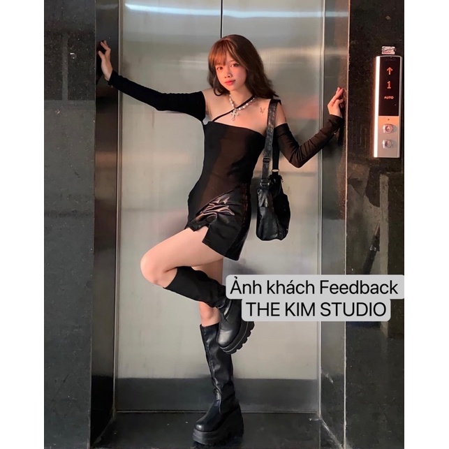 Áo quây ngang ngực vạt chéo, kèm tay áo dài tháo rời, thun ống dây chéo cổ ôm body TheKim AD136