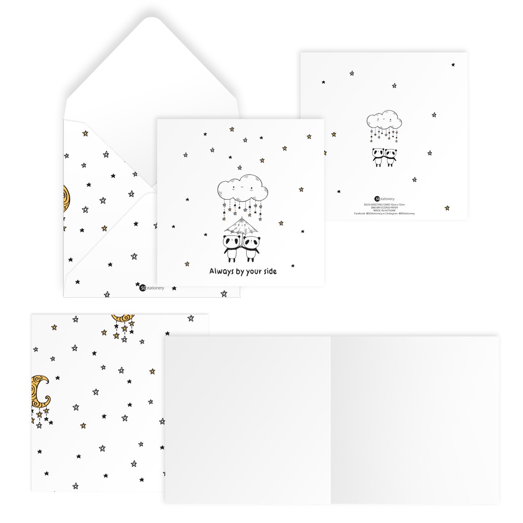 Thiệp tình bạn, tình yêu Valentine ALWAYS BY YOUR SIDE vuông 12cm SDstationery PANDA gấu trúc, dù, mây, sao