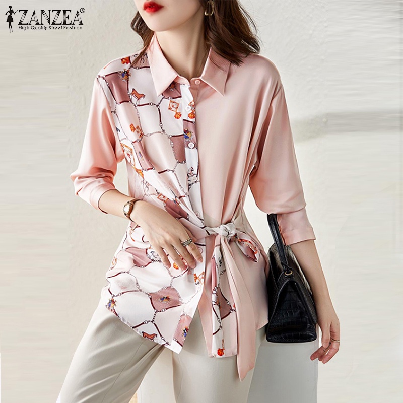 Áo sơ mi ZANZEA cổ bẻ thắt nơ tay dài in họa tiết hoa phối nút cài cho nữ