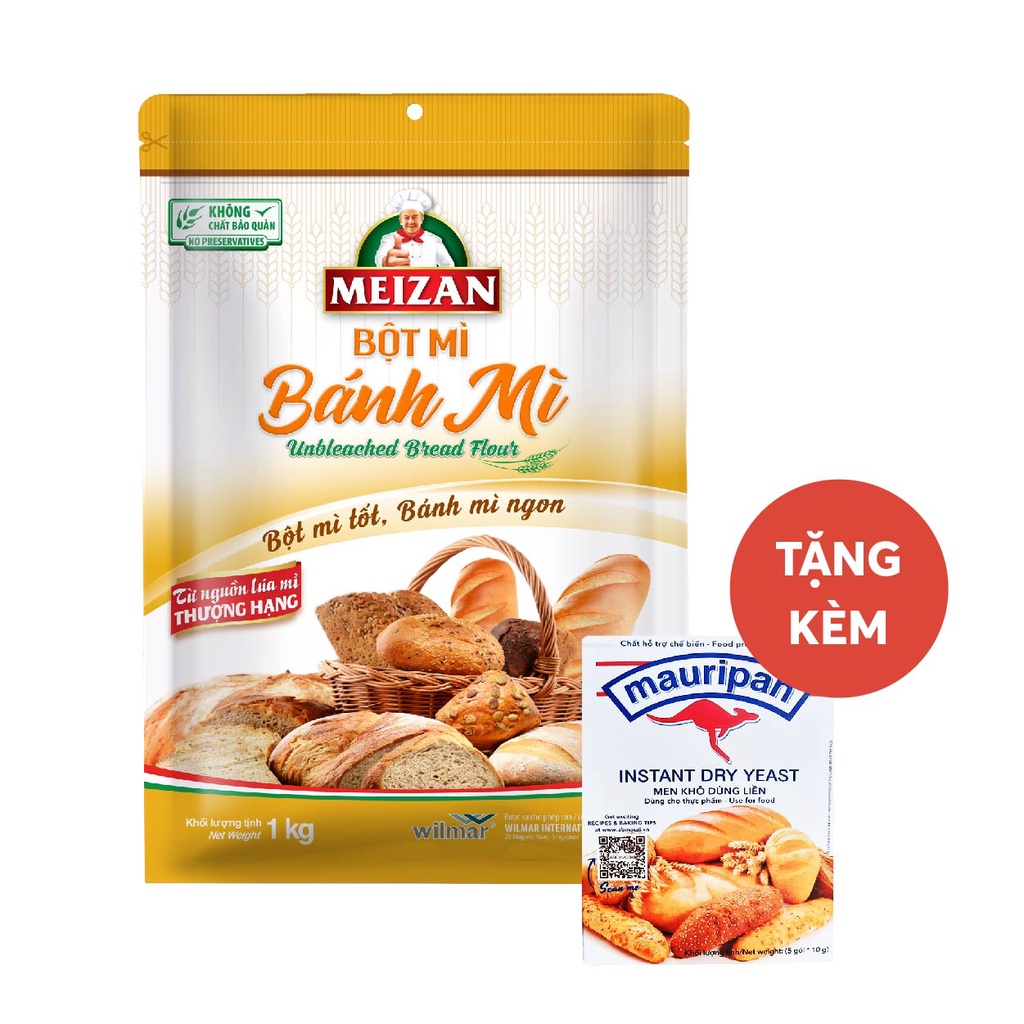 Bột mì chuyên dụng cho bánh mì Meizan Unbleached Bread Flour 1kg/túi