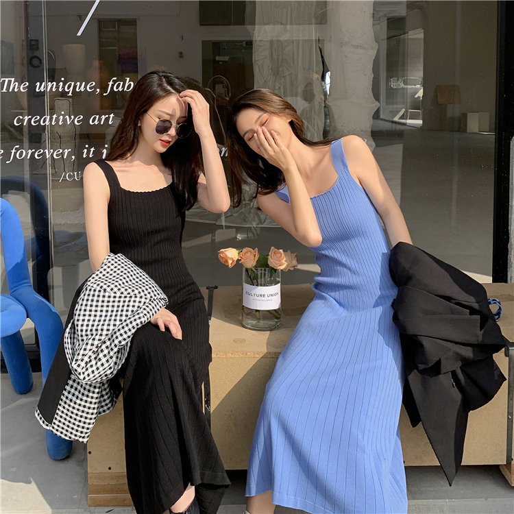 【Ready Stock】 Mikiko Women's Fashion ~ 2021 New version of Korea Temperament Collar Slim Thin Knitting Dress Vest Dress Female Dress Dress Female Dress Female Long Dress Skirt Sexy Retro Leopard Skirt Mini Korean Maxi Fashion Skirt