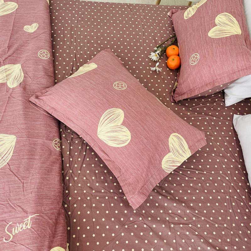 Bộ chăn ga gối cotton poly lidaco tim vàng SP001313