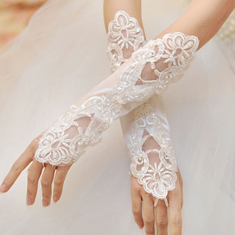 1 đôi găng tay ren dài hở ngón màu trơn cho cô dâu