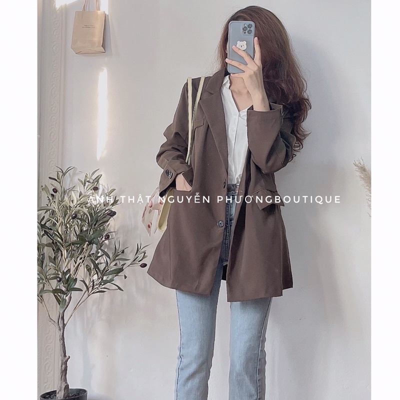 Áo blazer hai lớp túi hộp hiện đại có túi ngực thật dáng suông thanh lịch