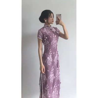 (R2001) Sườn xám trung hoa ulzzang cổ trang tím thêu hoa thanh lịch S M L hàng cao cấp (ảnh khách từ hình 5)