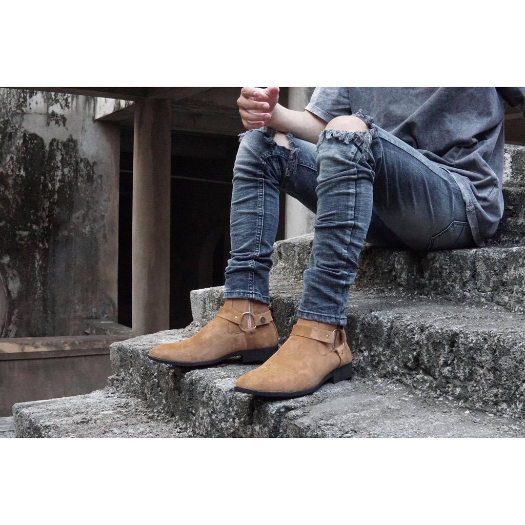 Giày Harness boots cao cổ thời trang nam chất liệu da bò da lộn đế độn 3.5cm | BigBuy360 - bigbuy360.vn