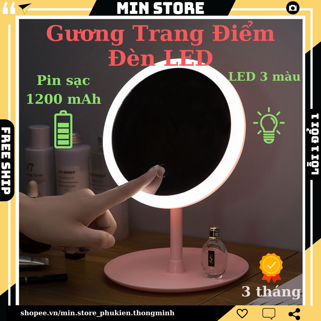 Gương Trang Điểm Có Đèn Led (Cao Cấp) Siêu Kute - Cảm Ứng - Pin Sạc 1200 mAh - Đèn 3 Màu - Tăng Giảm Sáng - Min STORE