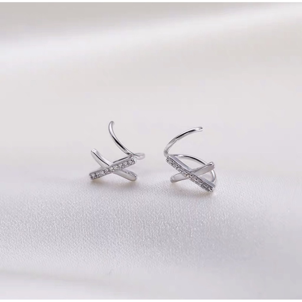 Khuyên tai bạc nữ TLEE bông tai xoắn chữ x nạm đá cao cấp TleeJewelry B0216