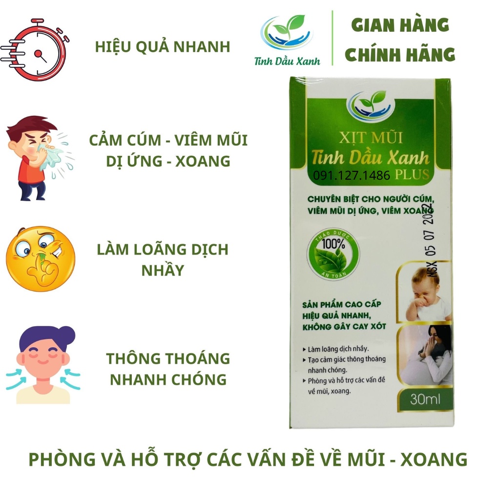 Xịt Mũi Tinh Dầu Xanh Tinh Chất Thiên Nhiên (30ml) 100% Organic Chuyên Biệt Cho Người Cúm, Viêm Mũi Dị Ứng, Viêm Xoang