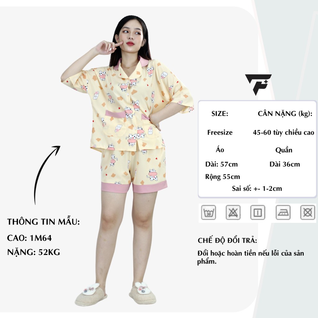 Bộ mặc nhà nữ dễ thương bò sữa ngắn form rộng cá tính pijama lua cao cấp FPLUS 286