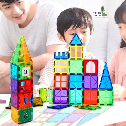 Đồ chơi xếp hình nam châm Magnetic Tiles 45 chi tiết,xếp hình nam châm ánh sáng cầu vồng chính hãng Xinbida