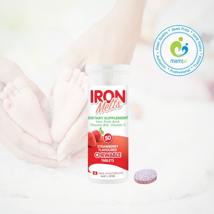 Kẹo sắt ngậm vị dâu (50v) bổ sung sắt cho trẻ từ 4 tuổi, mẹ bầu, mẹ sau sinh Iron Melts Chewable, Úc