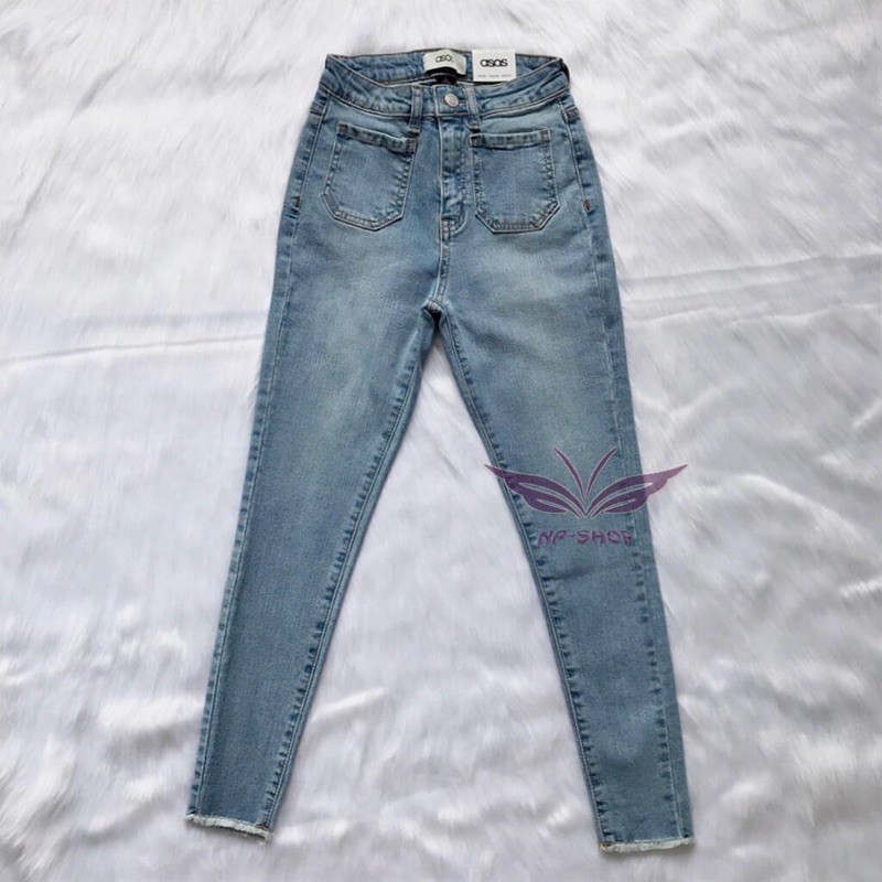 Quần jeans nữ lưng cao co giãn 9 tấc kiểu túi vuông/tua lai