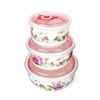 Bộ 3 bát sứ nắp hút chân không Bộ 3 tô thố đựng cơm canh bảo quản thưc ăn cao cấp