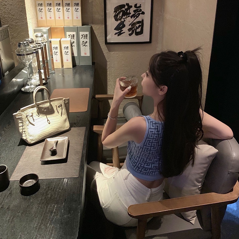 Jacquard zipper sling vest female designer short sleeveless sweater 2022 new U-collar t-shirt