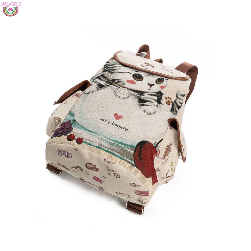 Ba Lô Canvas In Hình Mèo Dễ Thương Sức Chứa Lớn Thời Trang Cho Nữ