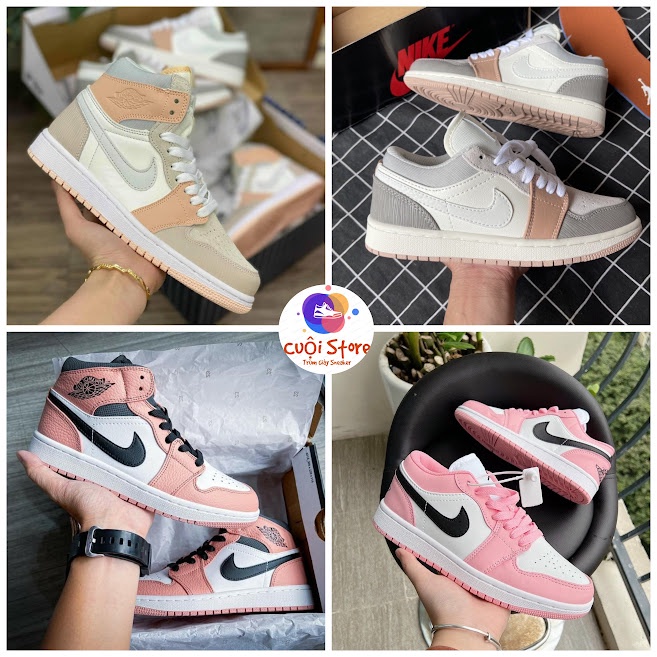 Giày Jordan hồng nữ cổ thấp cổ cao, Giày Jordan 1 hight low màu hồng nhạt cho nữ cực xinh dễ phối đồ full box bill