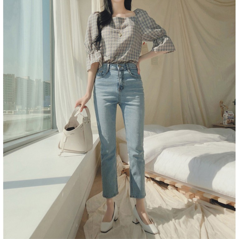 SUXI Áo kiểu tay lỡ hở lưng họa tiết sọc ca rô phong cách Hàn Quốc thời trang dành cho nữ