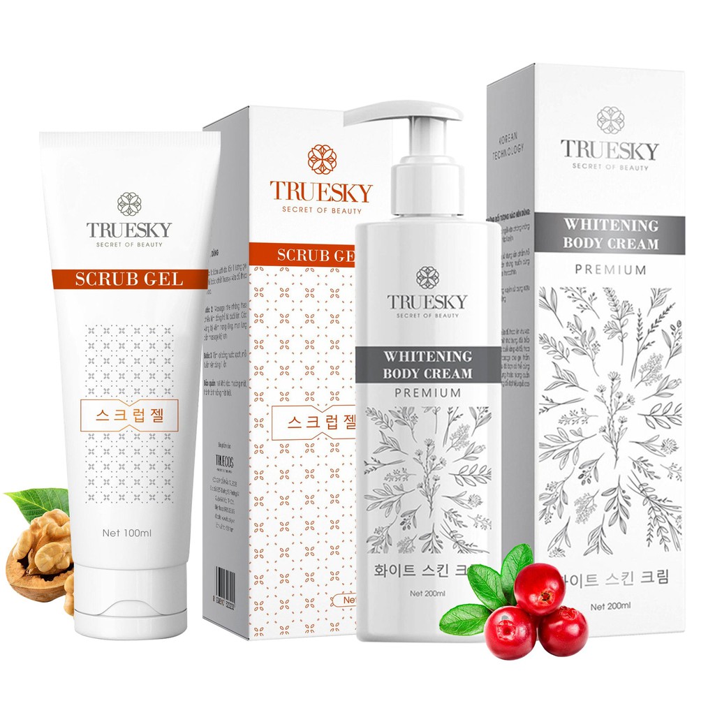 Bộ sản phẩm tắm trắng toàn thân cao cấp Truesky Premium VIP11 gồm 1 kem ủ trắng toàn thân 200ml & 1 tẩy tế bào 100ml.