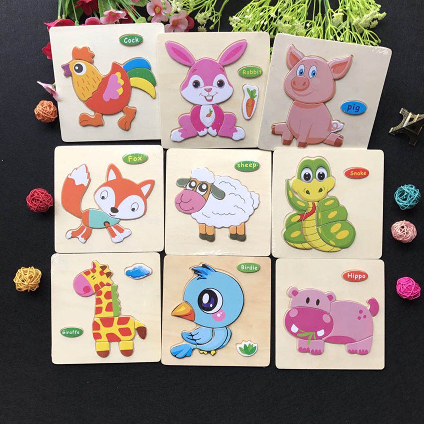 Combo 4 Tranh xếp hình 3D Động vật phương tiện giao thông - đồ chơi gỗ phát triển trí thông minh cho bé - Smart Baby - d