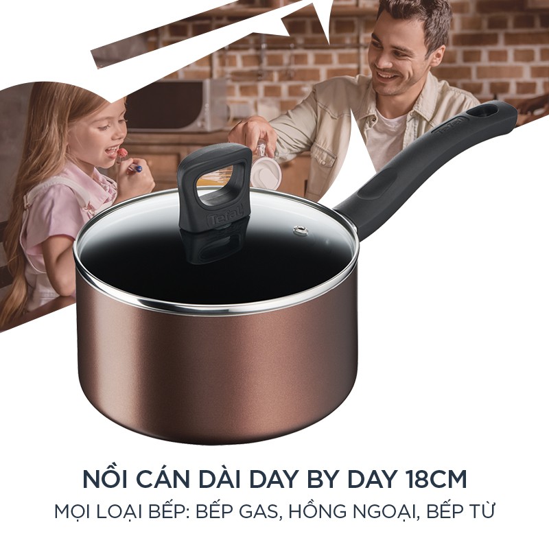 Nồi chống dính cán dài, bếp từ , bếp gas, bếp hồng ngoại Tefal  18cm - Day By Day - Thương hiệu Pháp