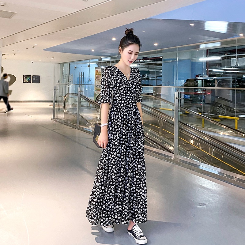 Chân Váy maxi Lưng Cao Họa Tiết Chấm Bi Phong Cách Bohemian