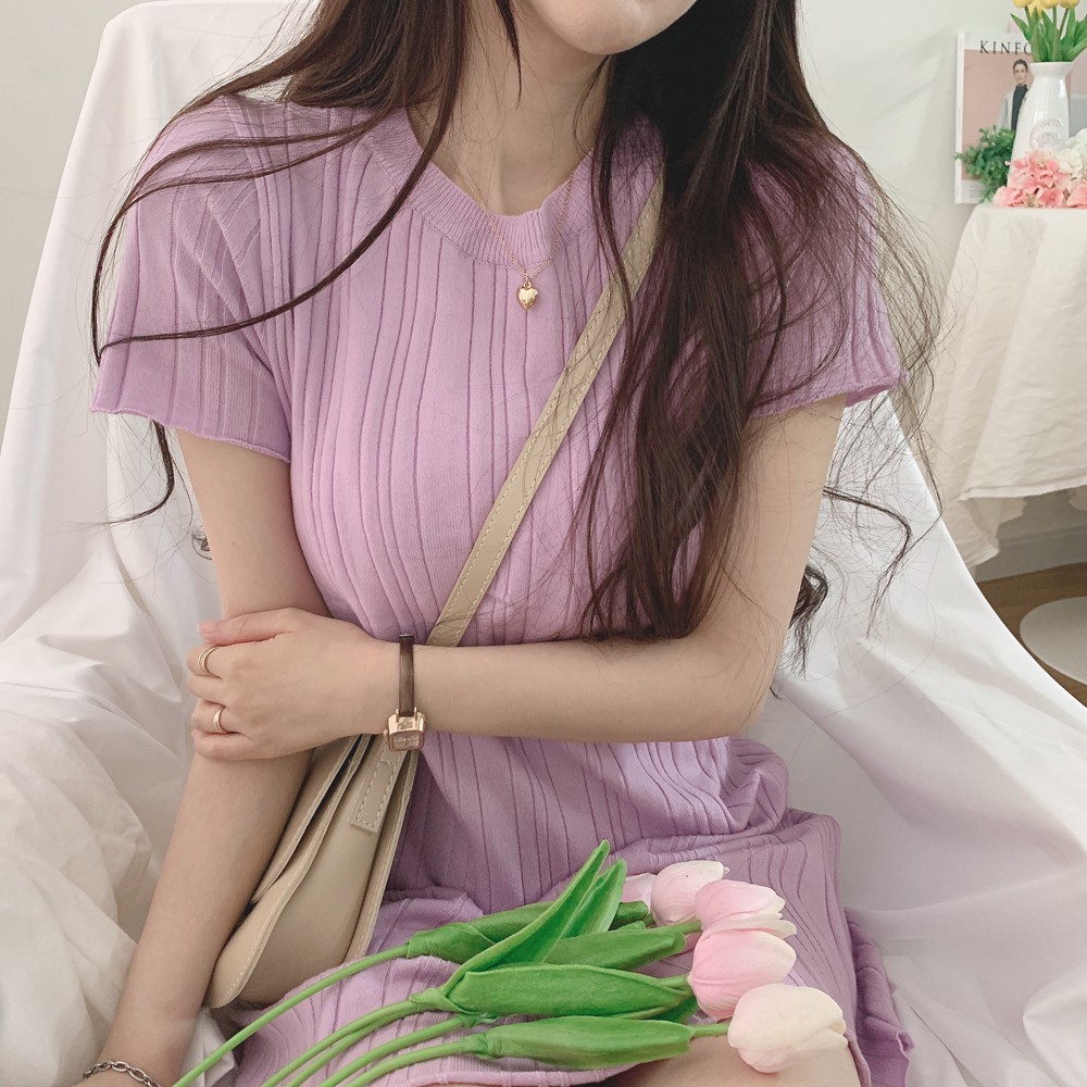 Đầm Mùa Xuân Và Mùa Hè Kiểu Pháp Sang Trọng Hàn Quốc, Đầm Dệt Kim Cạp Cao Tay Ngắn Kẻ Sọc Nhiều Màu Kẻ Sọc Cổ Tròn Mỏng 