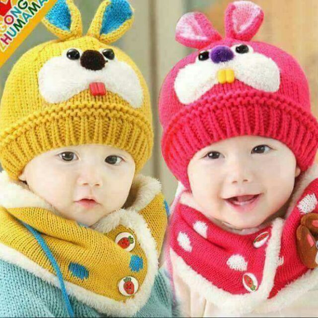 BỘ KHĂN VÀ MŨ LEN TAI THỎ