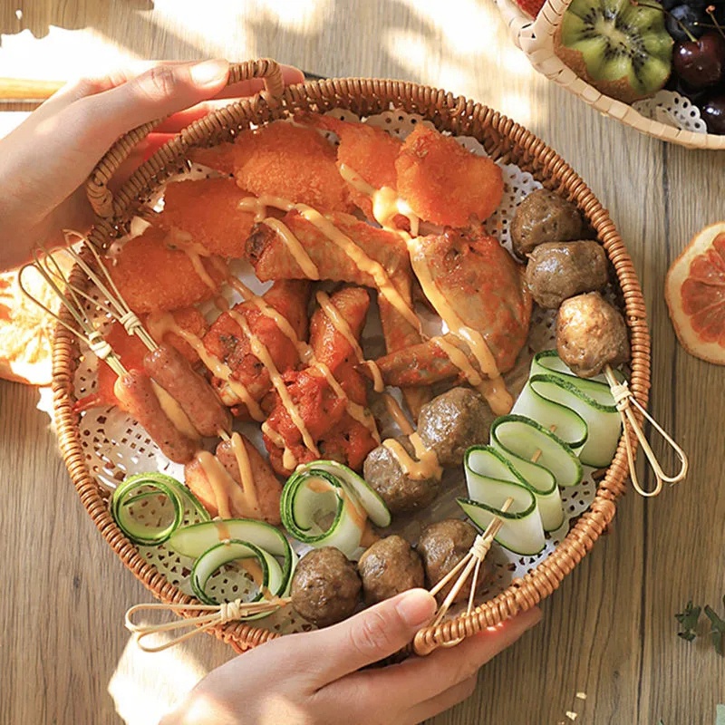 Giỏ Đan Mây Đựng Trái Cây Hình Tròn Có Tay Cầm Tiện Dụng