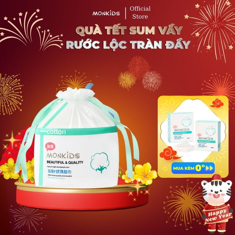 Khăn mặt dùng 1 lần MONKIDS khăn mặt giấy lau mặt mềm khô cotton cuộn to có túi bọc ngoài thay thế bông tẩy trang