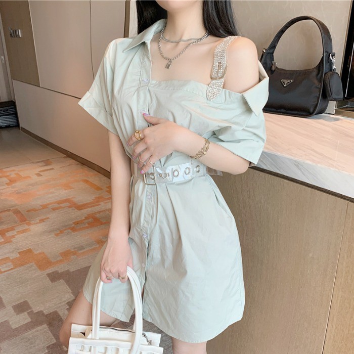 (HÀNG CÓ SẴN )Đầm sơ mi vai đá kèm belt trong suốt | BigBuy360 - bigbuy360.vn