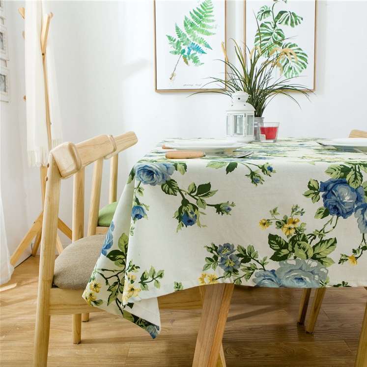 [Size lớn] Khăn trải bàn vải canvas nền trắng dày cao cấp có viền mép hoạ tiết hoa hồng xanh phong cách vintage [[T032]