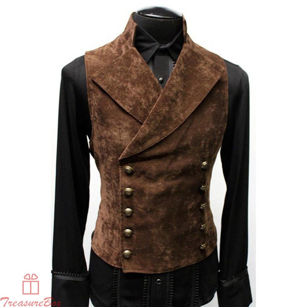 Mens Retro Lapel Button Vest Medieval Handsome Fashion Double Breasted Coat